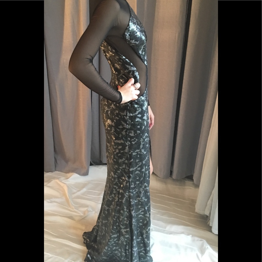 Tadashi Shoji black sequin gown w side slit/sheer sleeves
